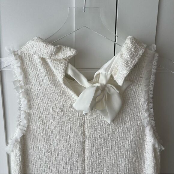 Sara Campbell Ruffle Neck Tweed Sleeveless White Shift Dress With Pockets Sz 12 - Picture 9 of 13